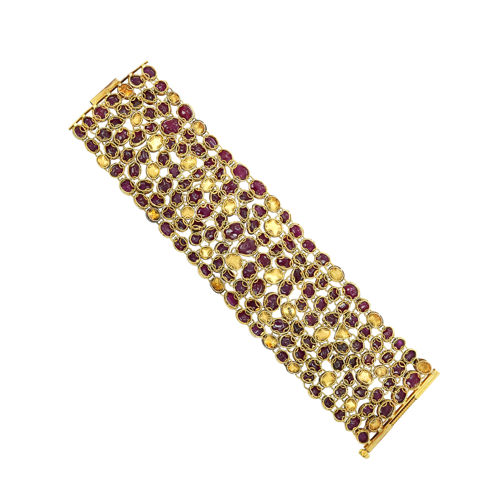 Wide Ruby Cabochon Bracelet with Scattered Polki Diamonds